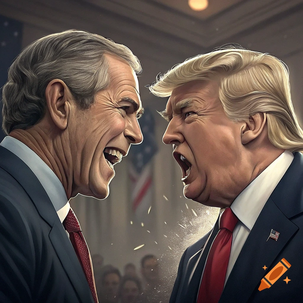 Detailed illustration of George W. Bush and Donald Trump shouting face to face, with spittle flying