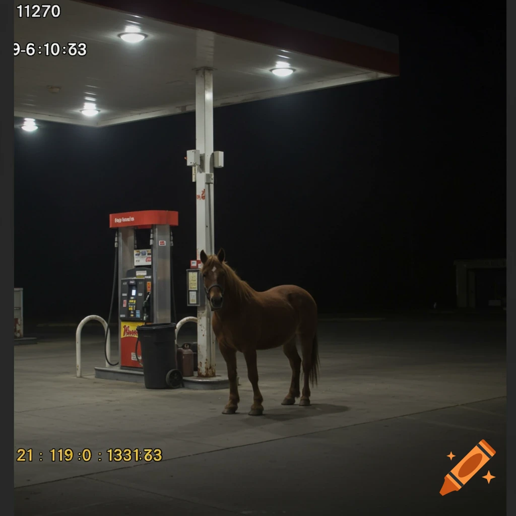 A brown horse stands alone at a gas station at night, with numbers overlaid like CCTV footage.