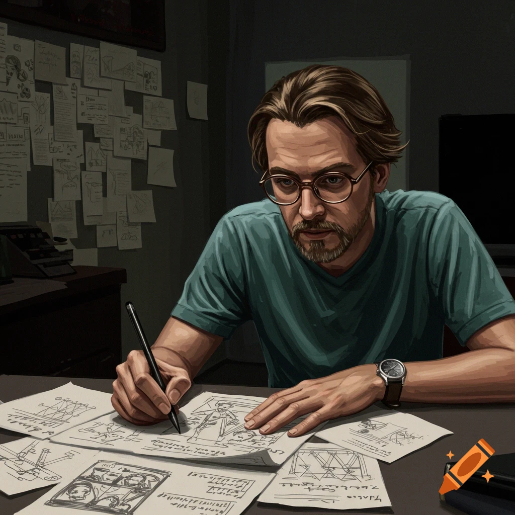 A man with glasses writing or drawing at a desk covered in papers.