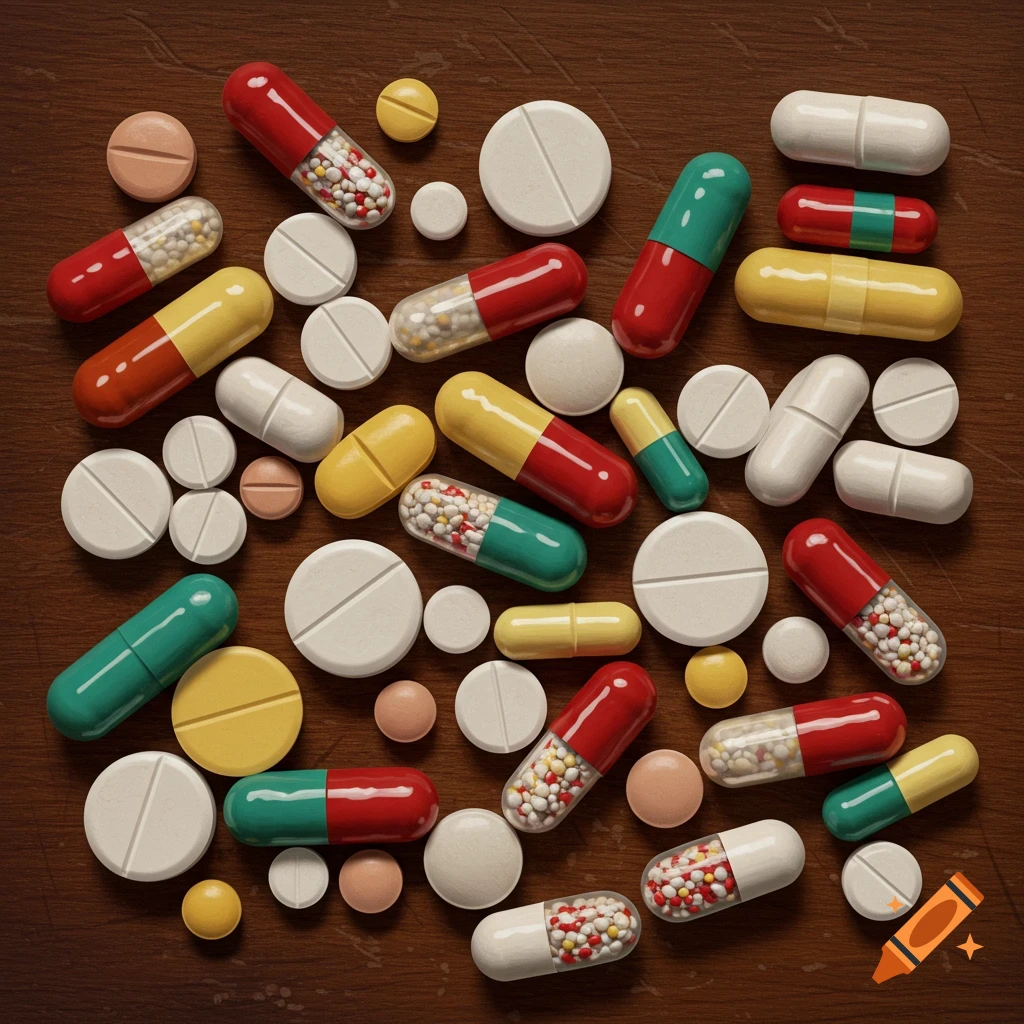 A charcuterie board made of various colorful pills and capsules on a wooden surface.