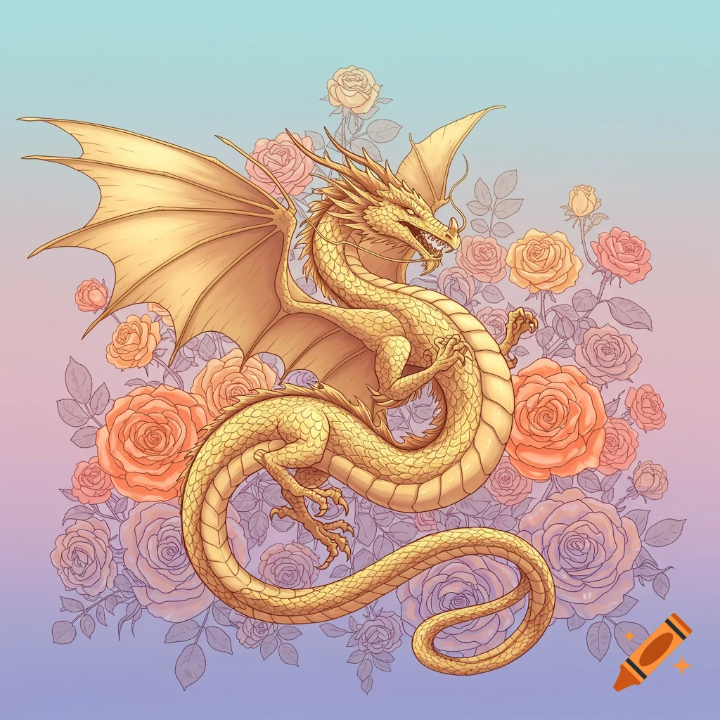 Stylized golden dragon surrounded by roses