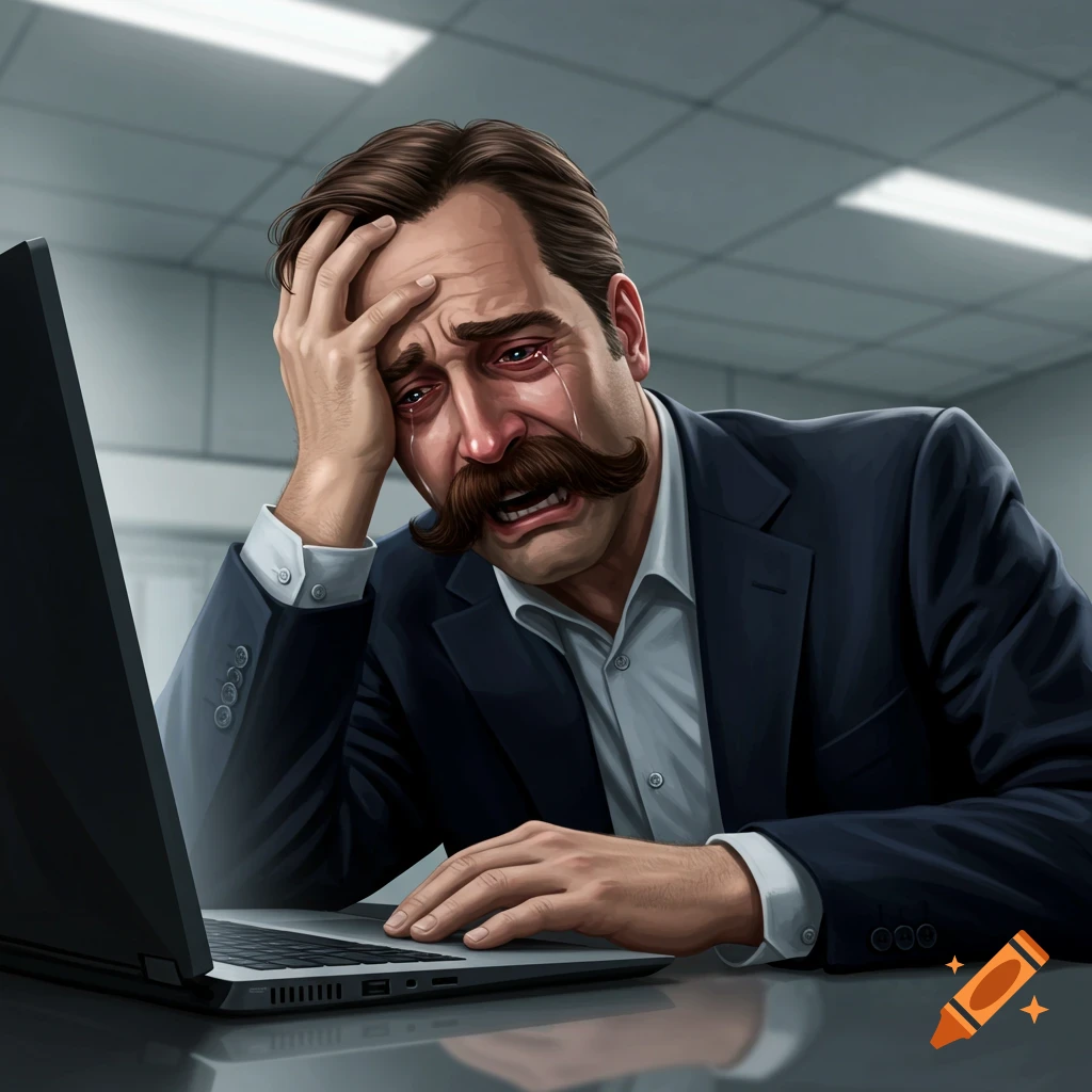 A man with a large mustache crying desperately while looking at a laptop.