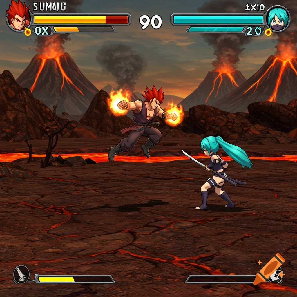 Screenshot of a 3D fighting game set in a volcanic wasteland with two anime-style characters battling.