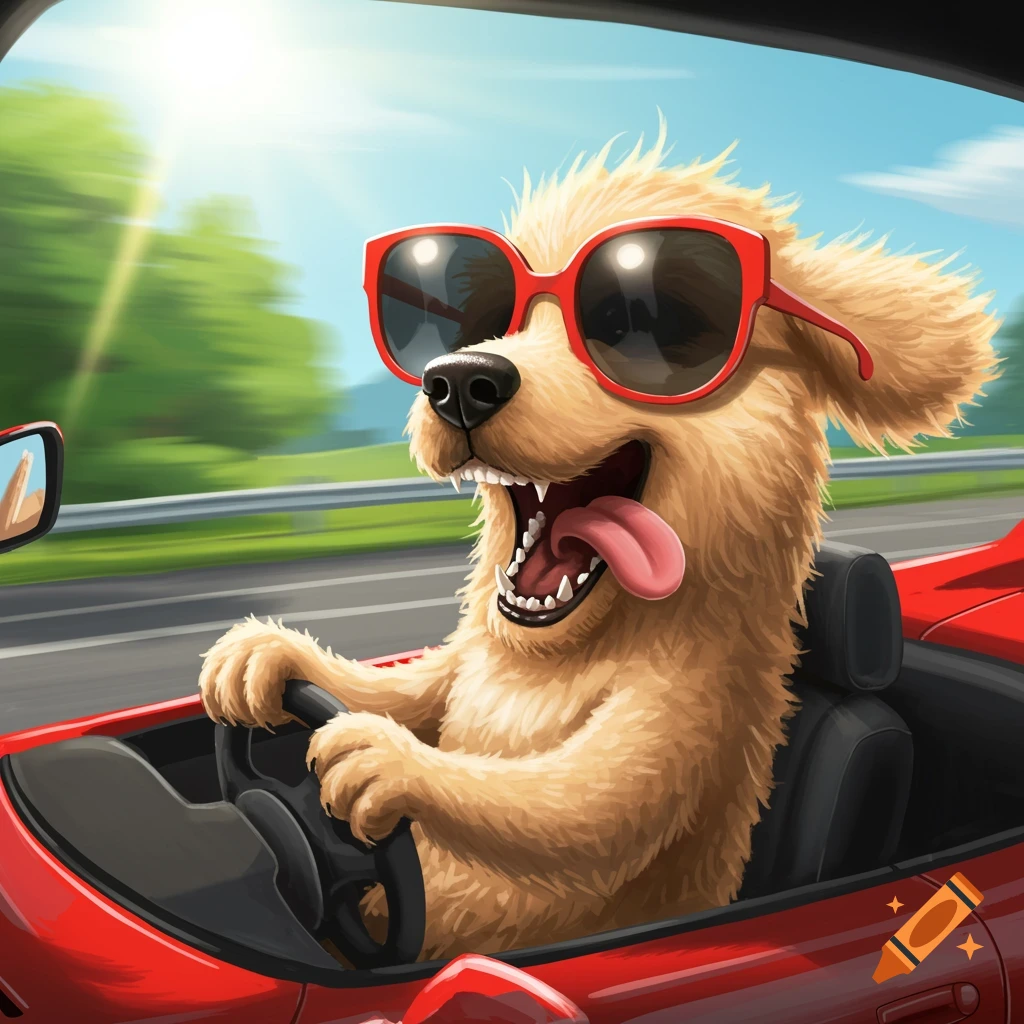 A happy golden retriever wearing sunglasses drives a red sports car on a sunny highway.