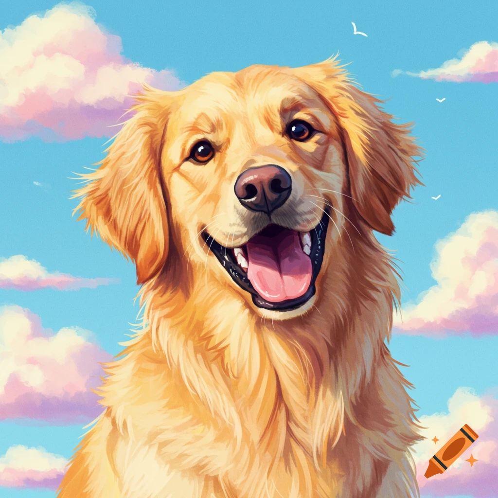 Happy Golden Retriever dog under a blue sky with clouds.