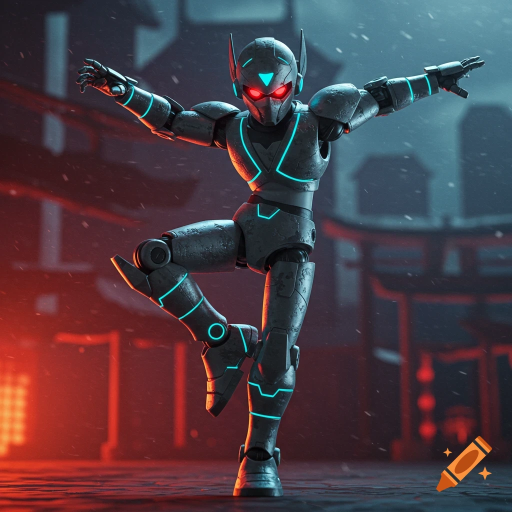 Anime-inspired robot ninja in an action pose
