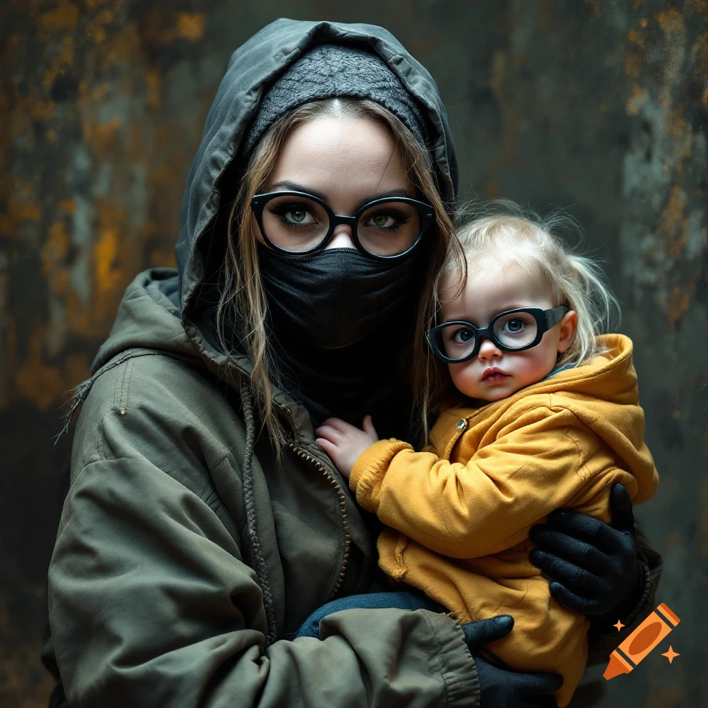 Portrait of a woman in mask and hood holding a baby, both wearing glasses, against a textured background.