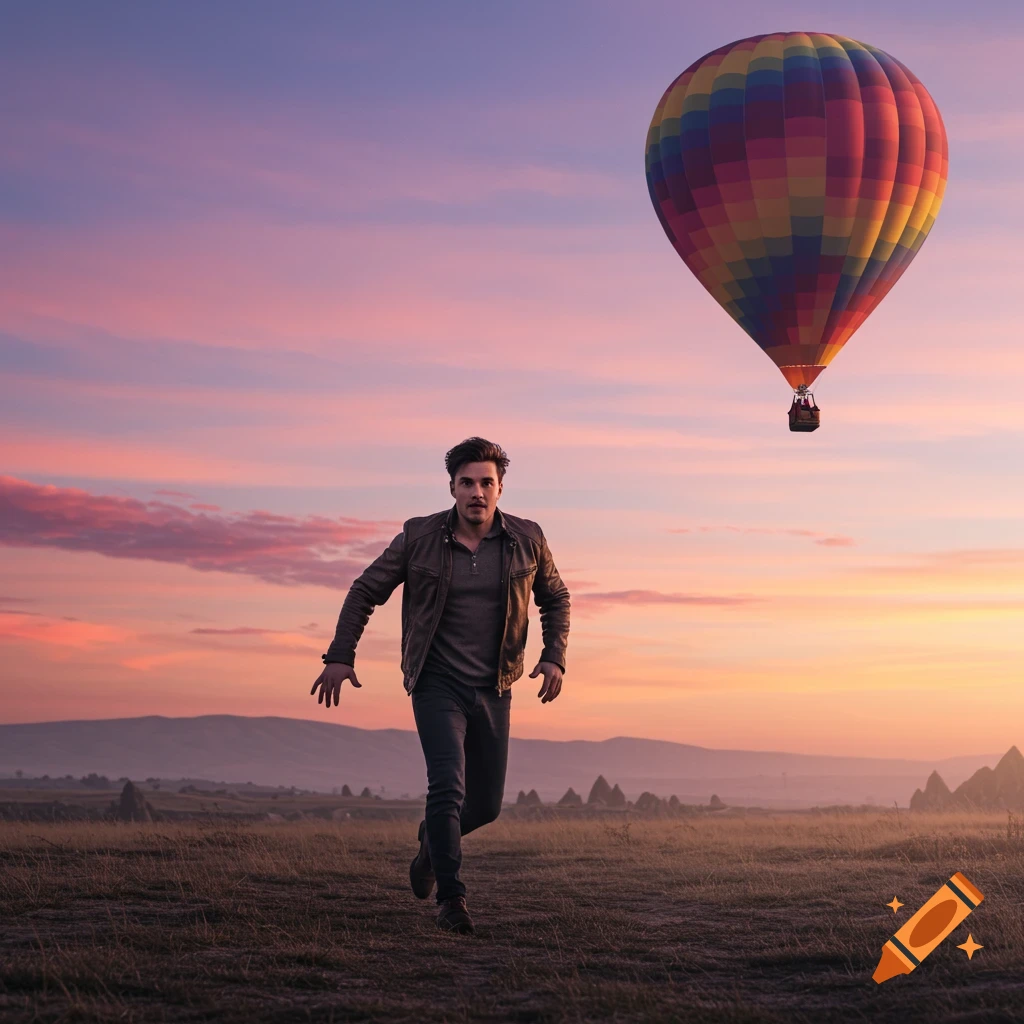 A determined man chases a hot air balloon during a vibrant sunrise over a field.
