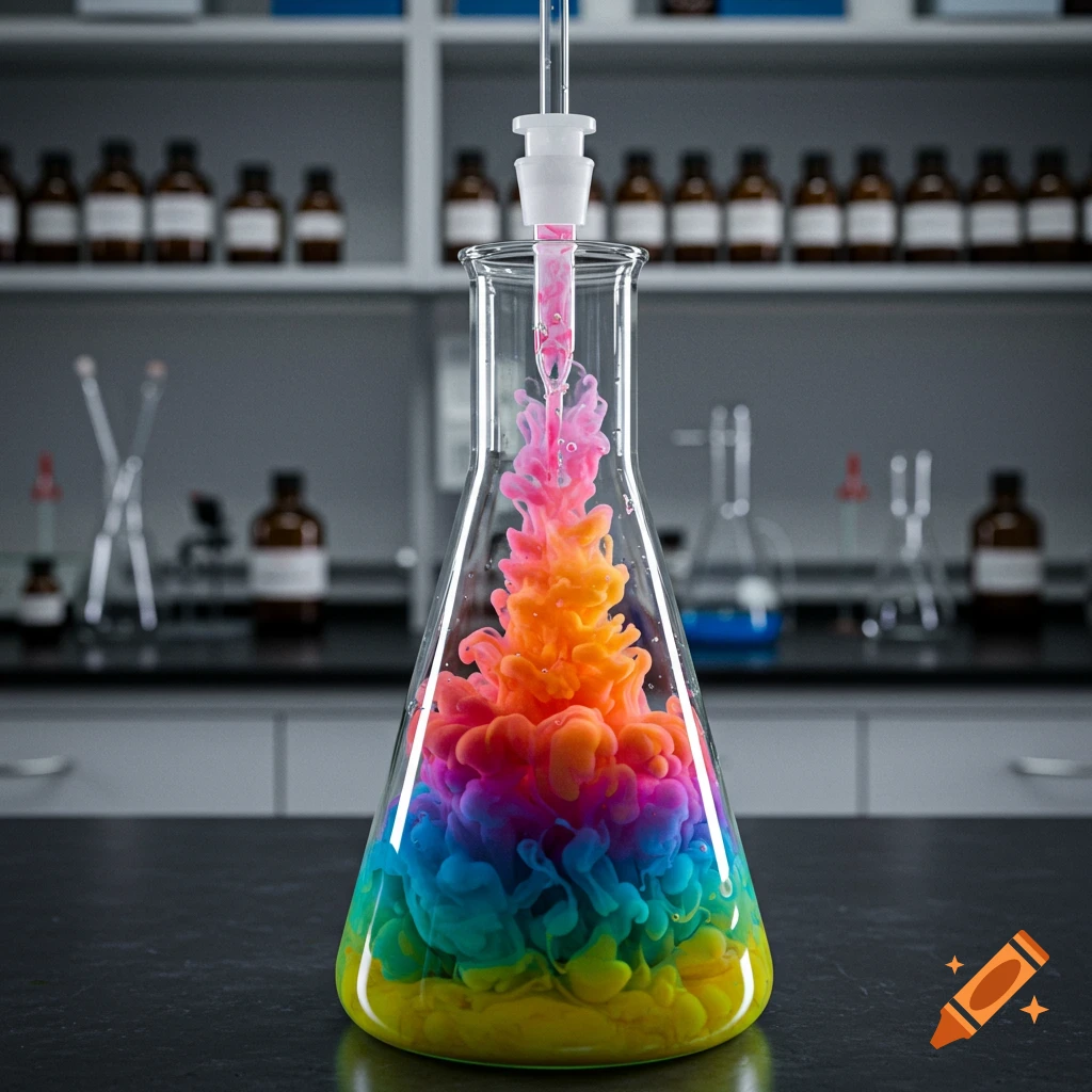 Photorealistic image of colorful liquid mixing in a chemistry flask in a lab.