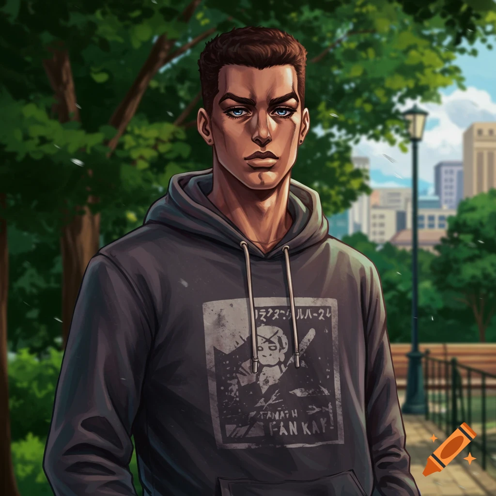 A person resembling Weather Report from Jojo's Bizarre Adventure standing in a park.