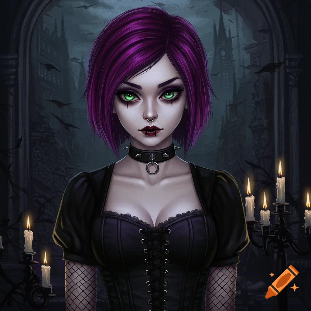 A Goth girl with purple hair, green eyes, and a choker, in front of a gothic building with bats and candles.