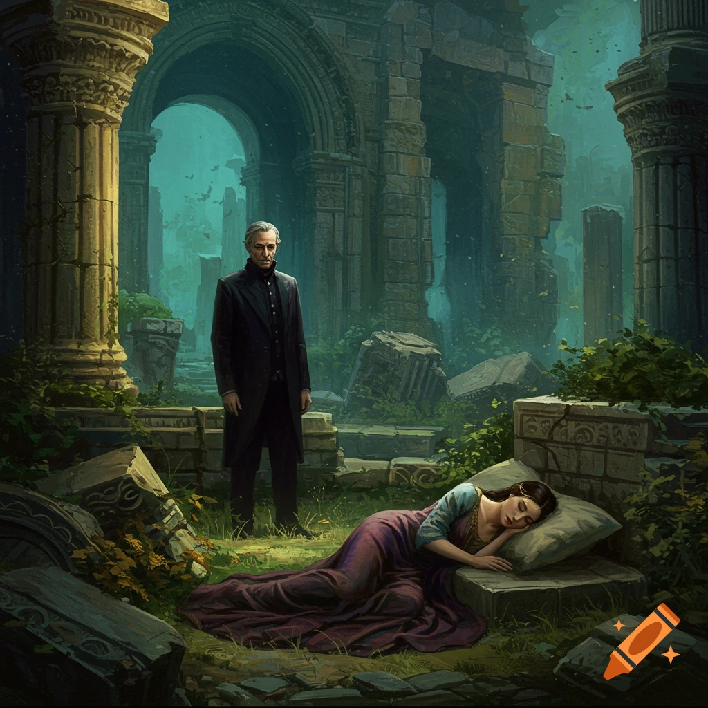A man stands near a sleeping woman in ancient ruins.