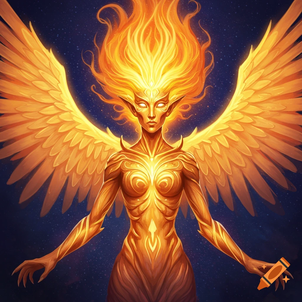 A winged deity figure made of glowing golden light and fire against a dark, starry background.