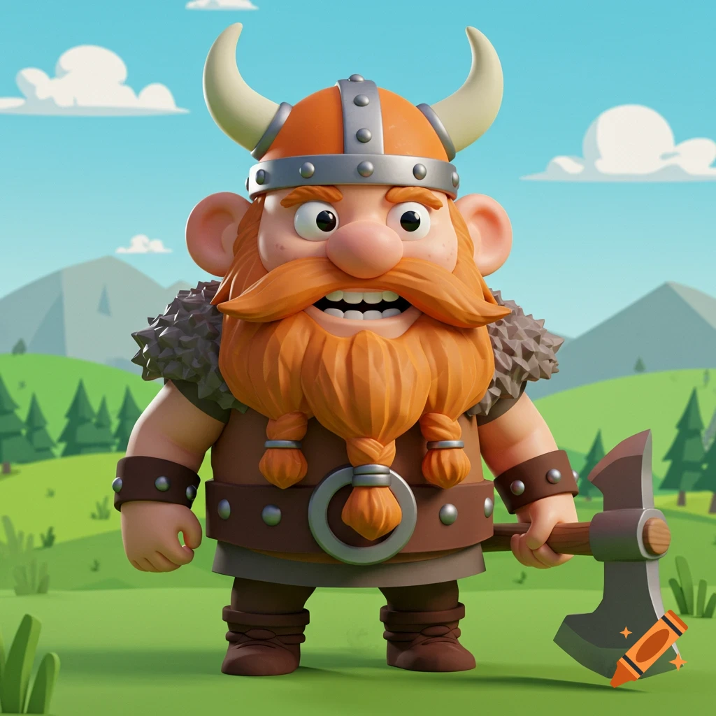 High poly cartoon viking with an axe standing in a field
