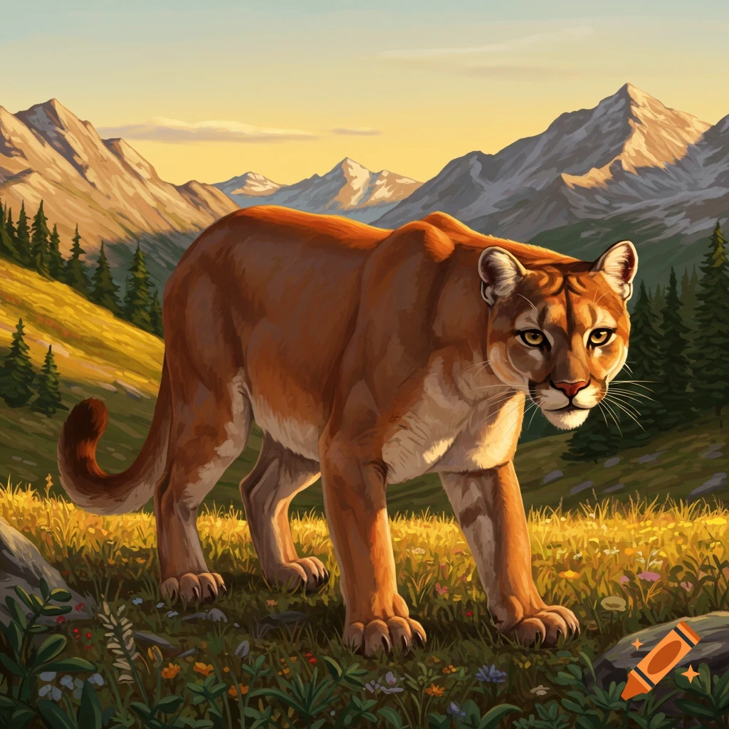 A mountain lion walking in a mountain meadow at sunset.