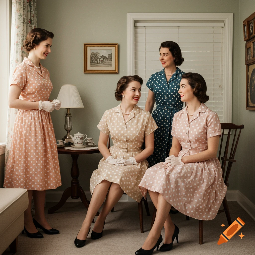 Four women in vintage polka dot dresses, pearls, and gloves gathered for tea in a living room.