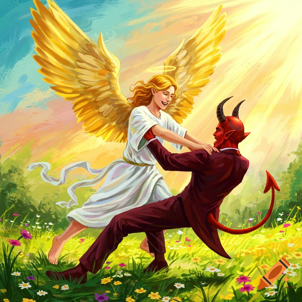 An angel and devil dancing in a sunny field of flowers.