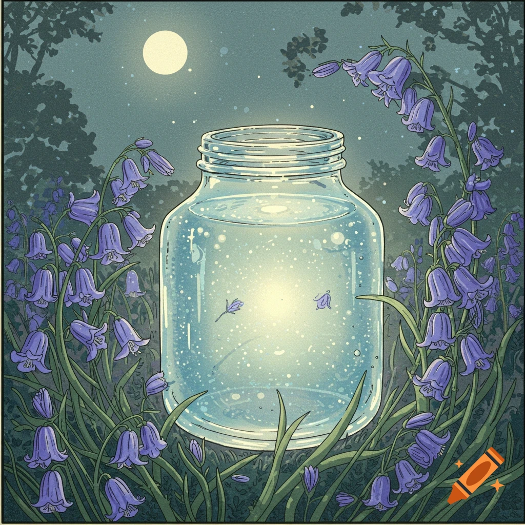 A glowing jar surrounded by bluebell flowers under a full moon.