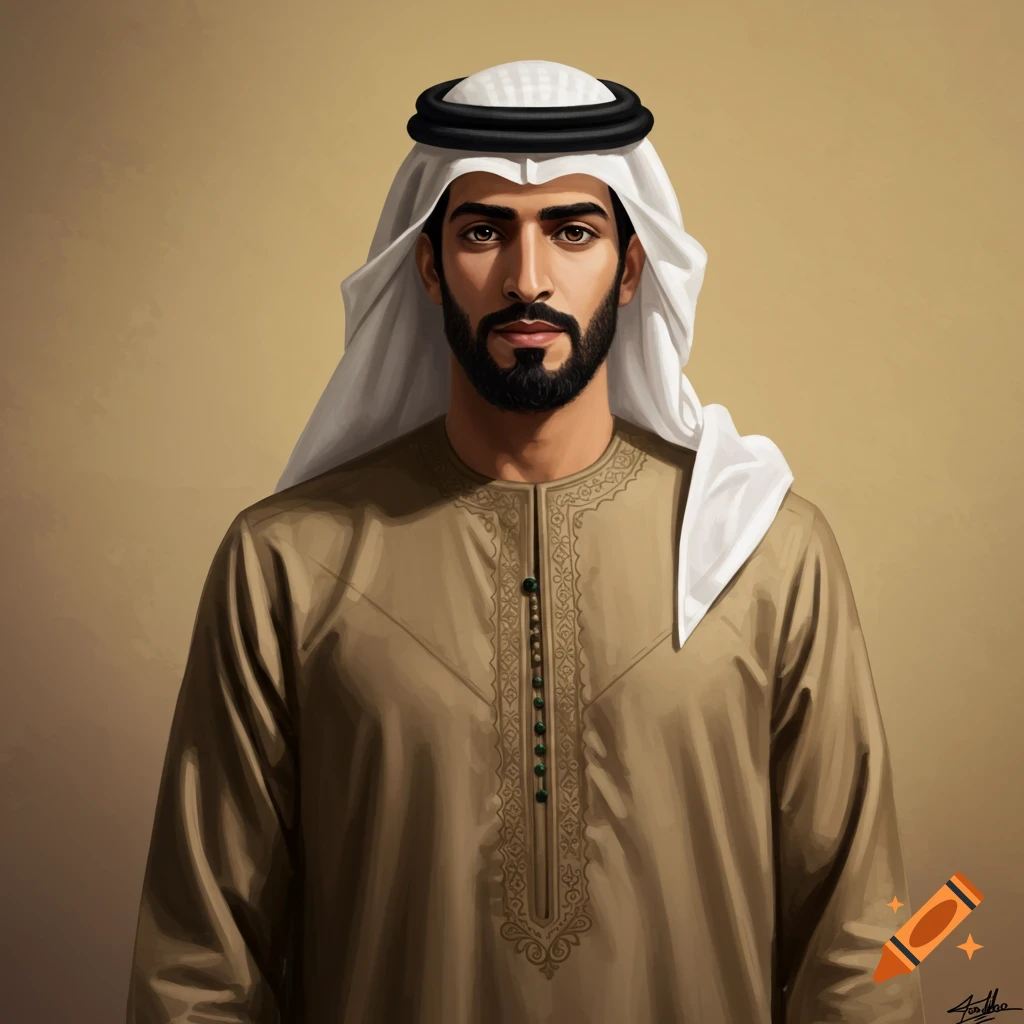 A man wearing a white ghutra and tan thobe