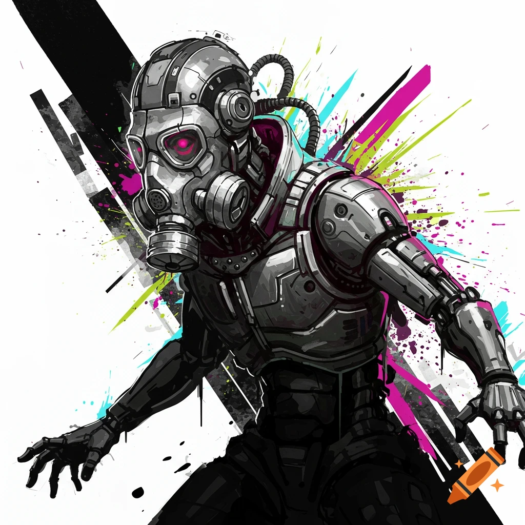A cyborg with a gas mask stands against an abstract background.
