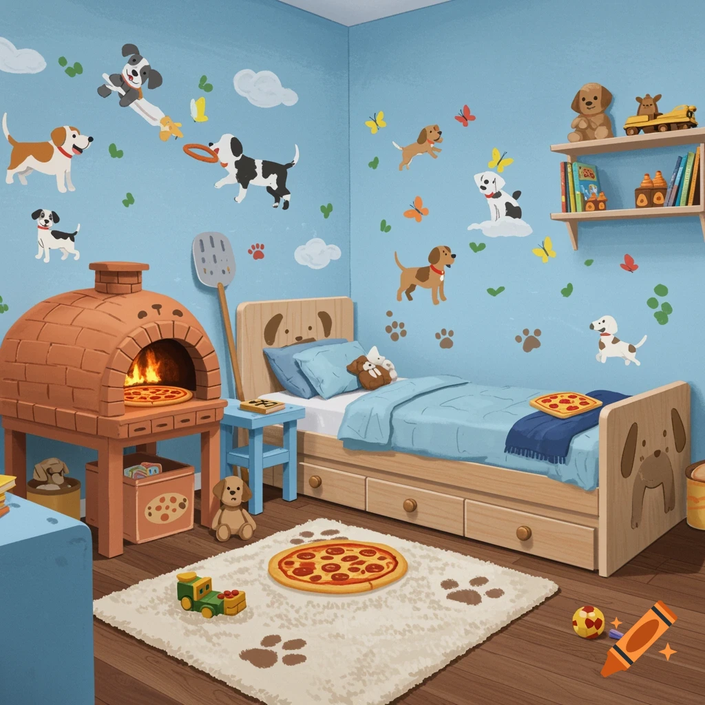A cheerful blue children's bedroom with dog wall decals, a bed with a dog headboard, a pizza oven, and a paw print rug.