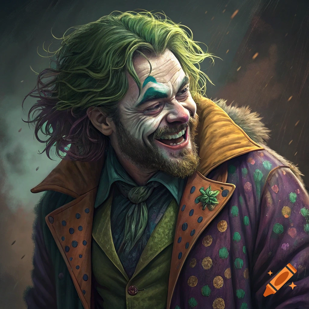 Portrait of a man resembling Zach Galifianakis made up as the Joker, smiling widely, green hair, purple polka dot coat.