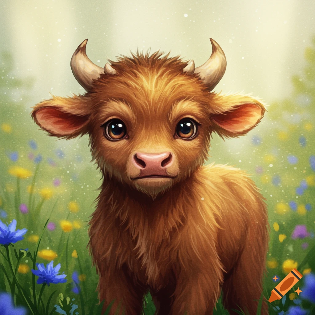 A cute, fluffy brown calf stands in a field of colorful wildflowers.