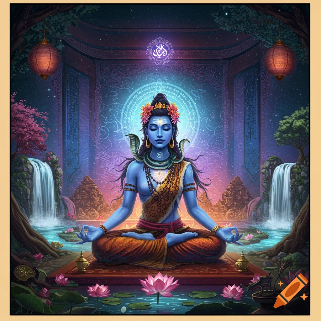 Blue-skinned deity meditating in a fantastical temple garden with waterfalls and lotuses.
