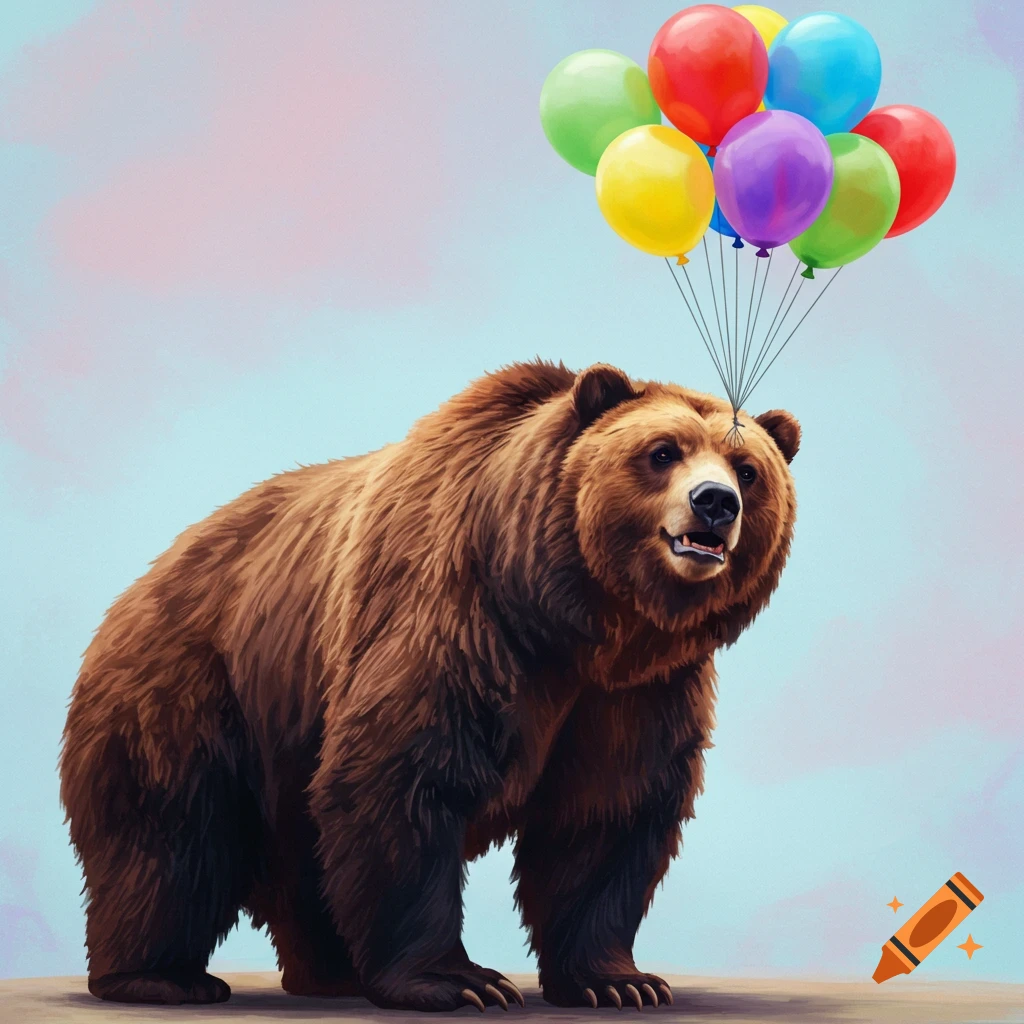 A large brown bear holding a bunch of colorful balloons.