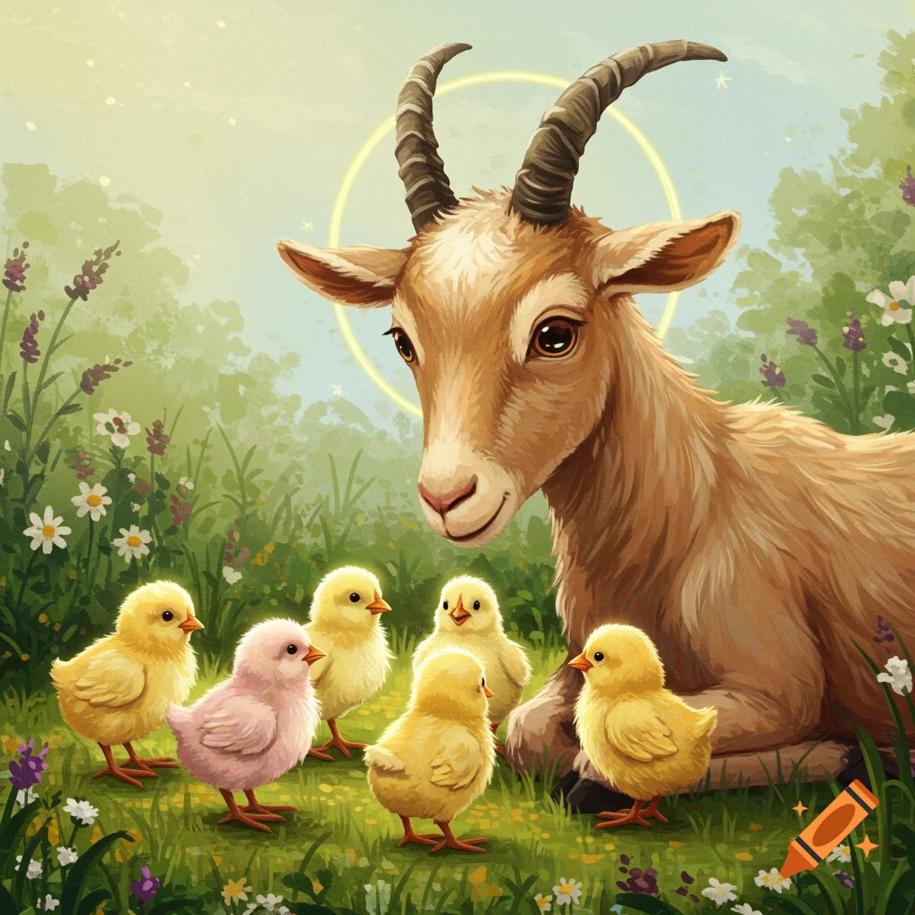 A goat in a field with a halo is surrounded by fluffy yellow and pink chicks.