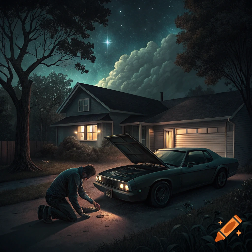 A man kneels next to a car with the hood open in a suburban driveway at night under a starry sky.
