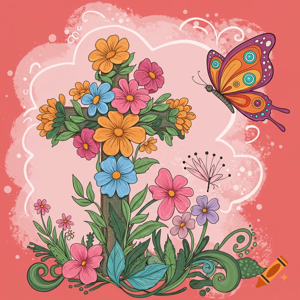 A floral cross with a butterfly in a whimsical illustration style.