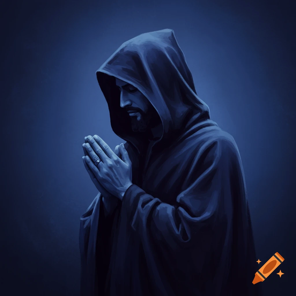 A man in a dark hooded cloak with prayer hands against a blue background.