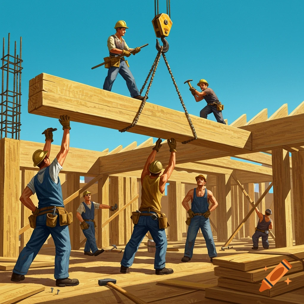 Construction workers lifting a large wooden beam with a crane.