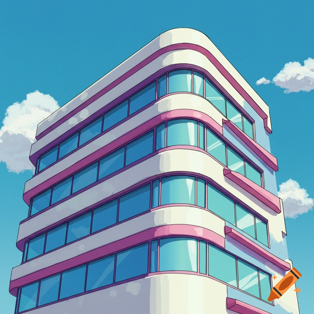 A stylized white building with pink trim and blue windows against a blue sky.