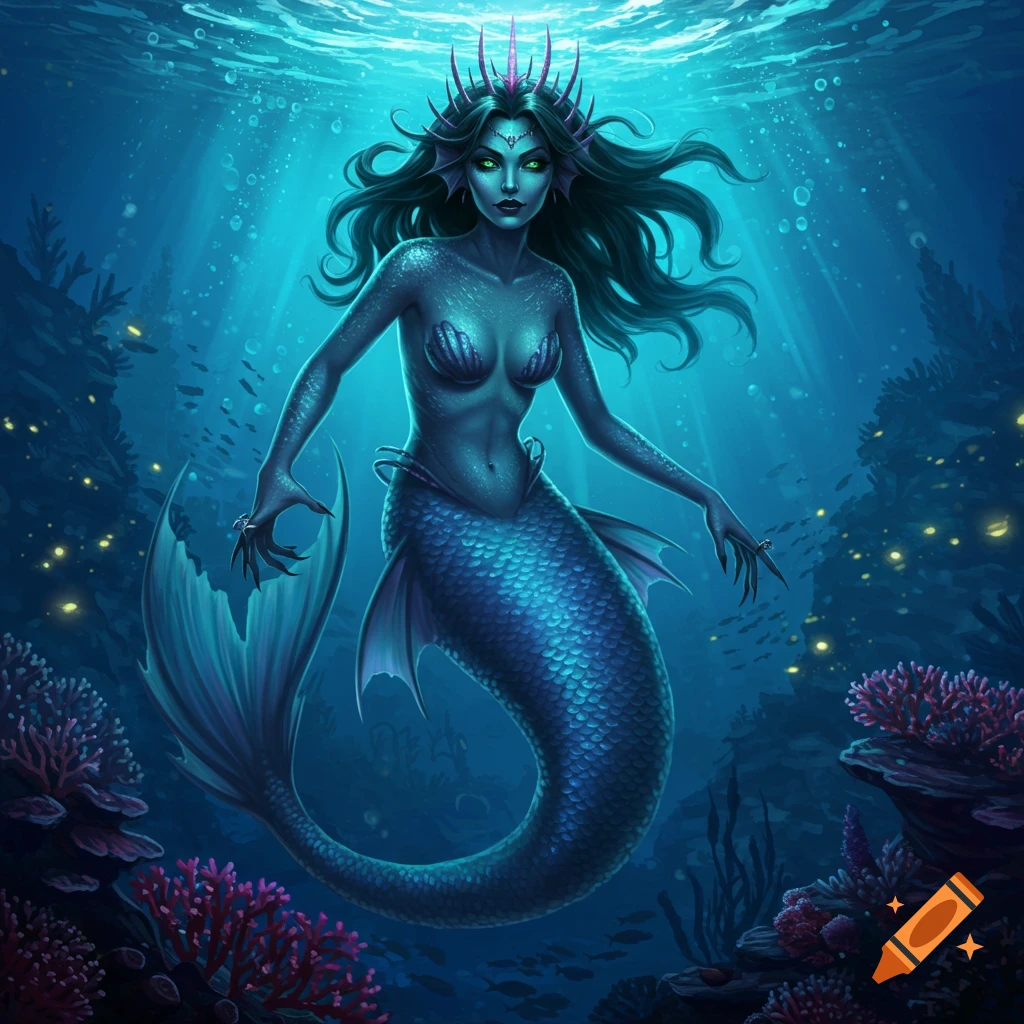 Villainous mermaid with green eyes and spiky crown underwater
