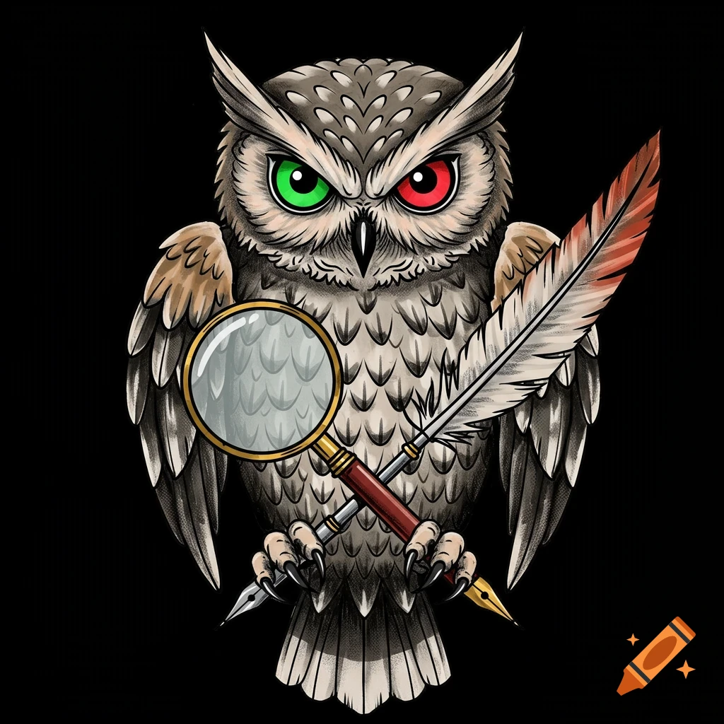 Illustration of a horned owl in tattoo style holding a magnifying glass and quill with green and red eyes.