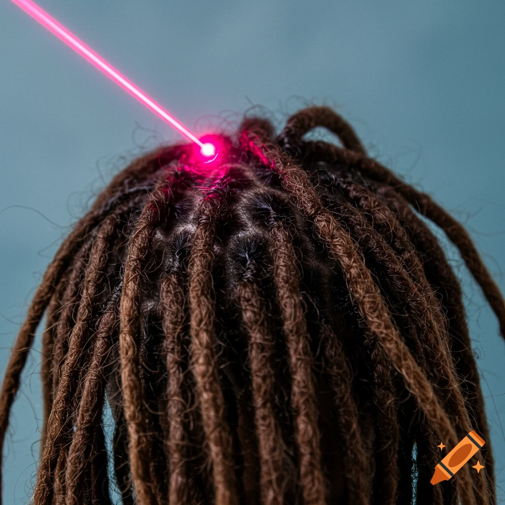 A close-up of dreadlocks with a laser beam focusing on the scalp.