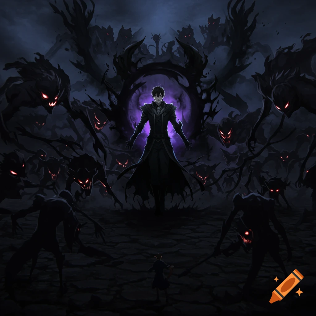 Anime character with purple aura surrounded by shadowy monsters in a dark fantasy scene.