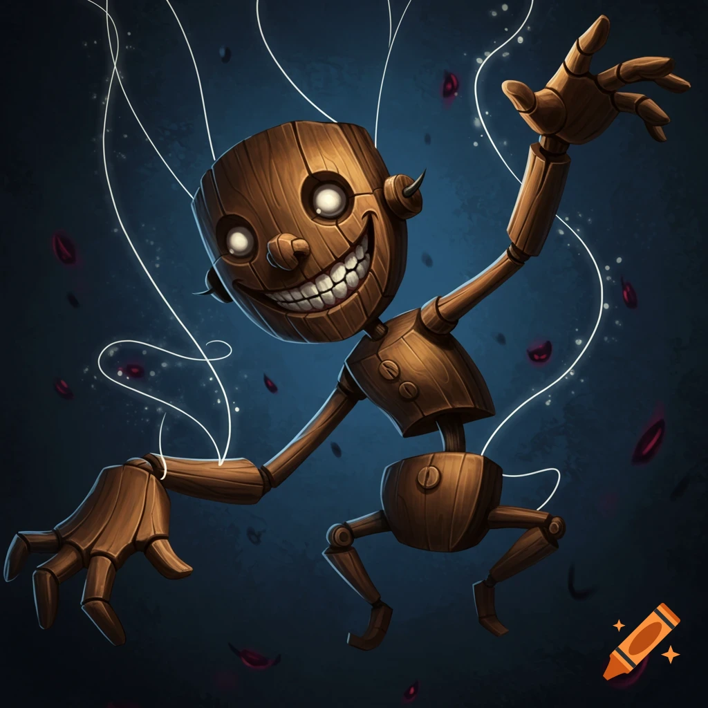 A creepy wooden marionette with a wide grin, suspended by strings against a dark background.