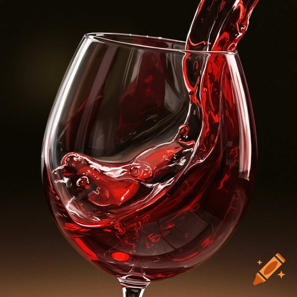Red wine is being poured into a glass, splashing.