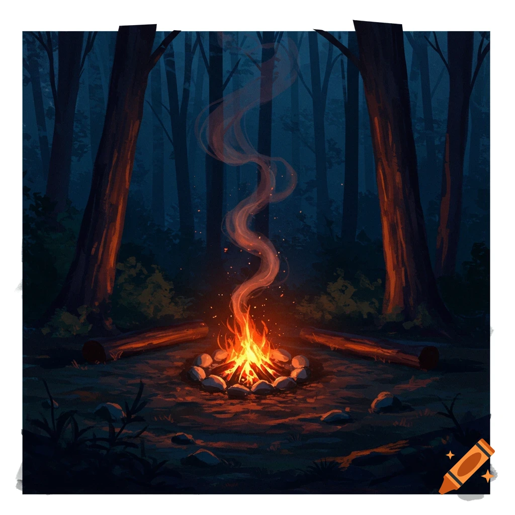 A campfire in a dark forest at night