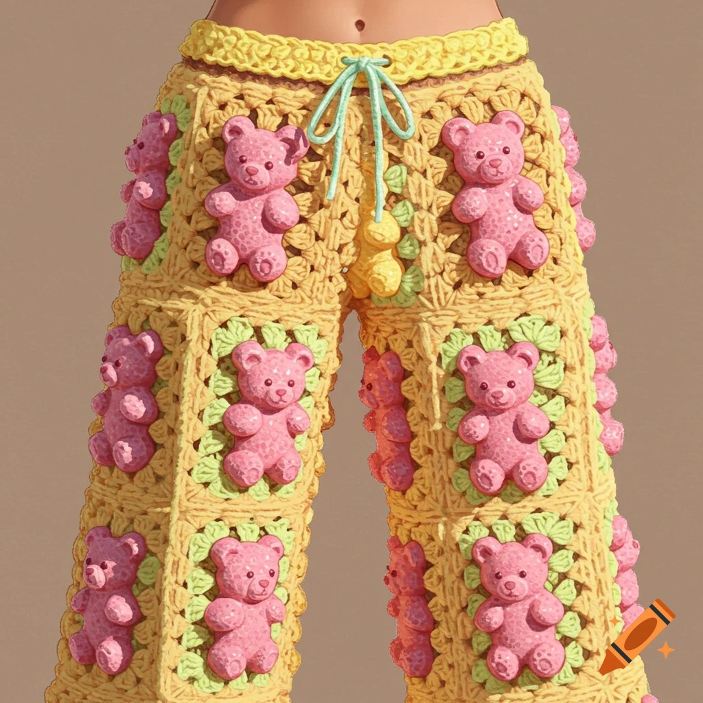 Yellow crochet pants with pink teddy bear granny squares.