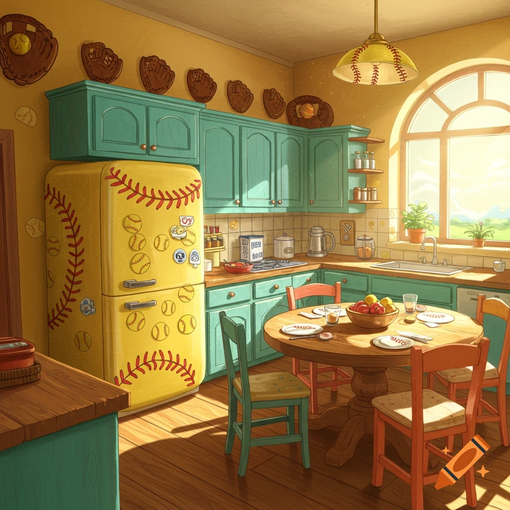A bright kitchen decorated with softball and baseball motifs, including a yellow fridge and gloves on the wall.