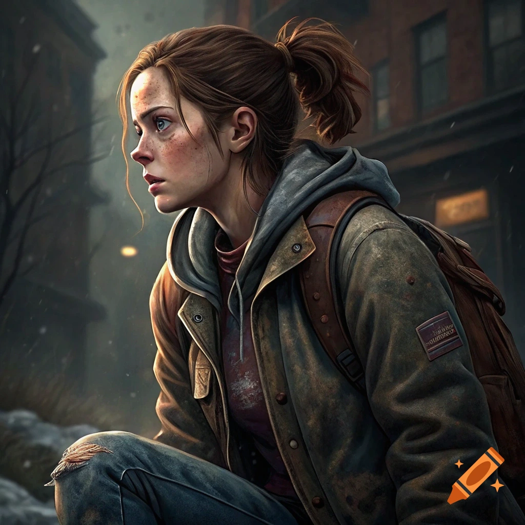 Portrait of a young woman with a ponytail and freckles, wearing a jacket and backpack, in a snowy, ruined city.