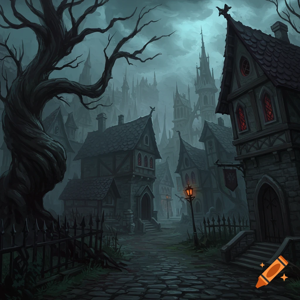 A dark, spooky gothic town street scene with twisted trees and eerie buildings under a cloudy sky.