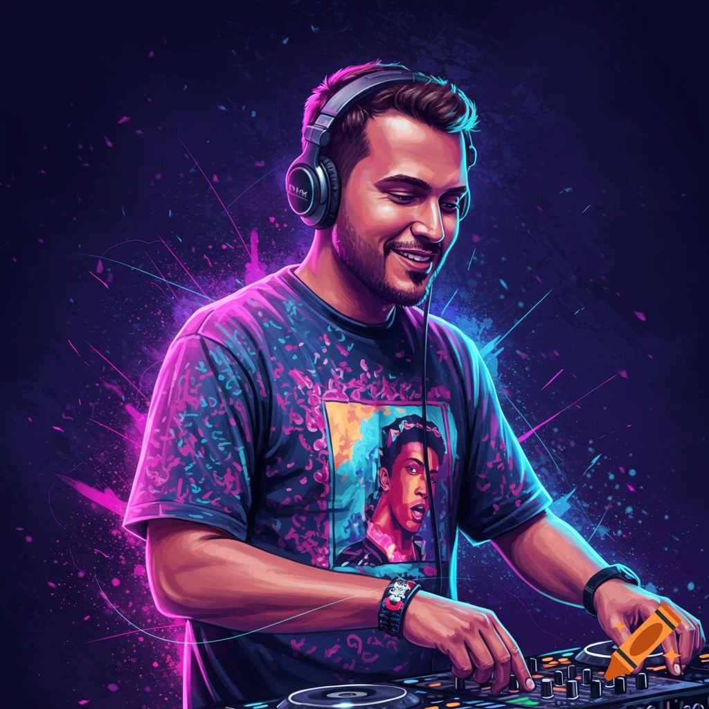 A smiling man wearing headphones and a patterned shirt with a portrait on it is operating DJ equipment in a neon style.