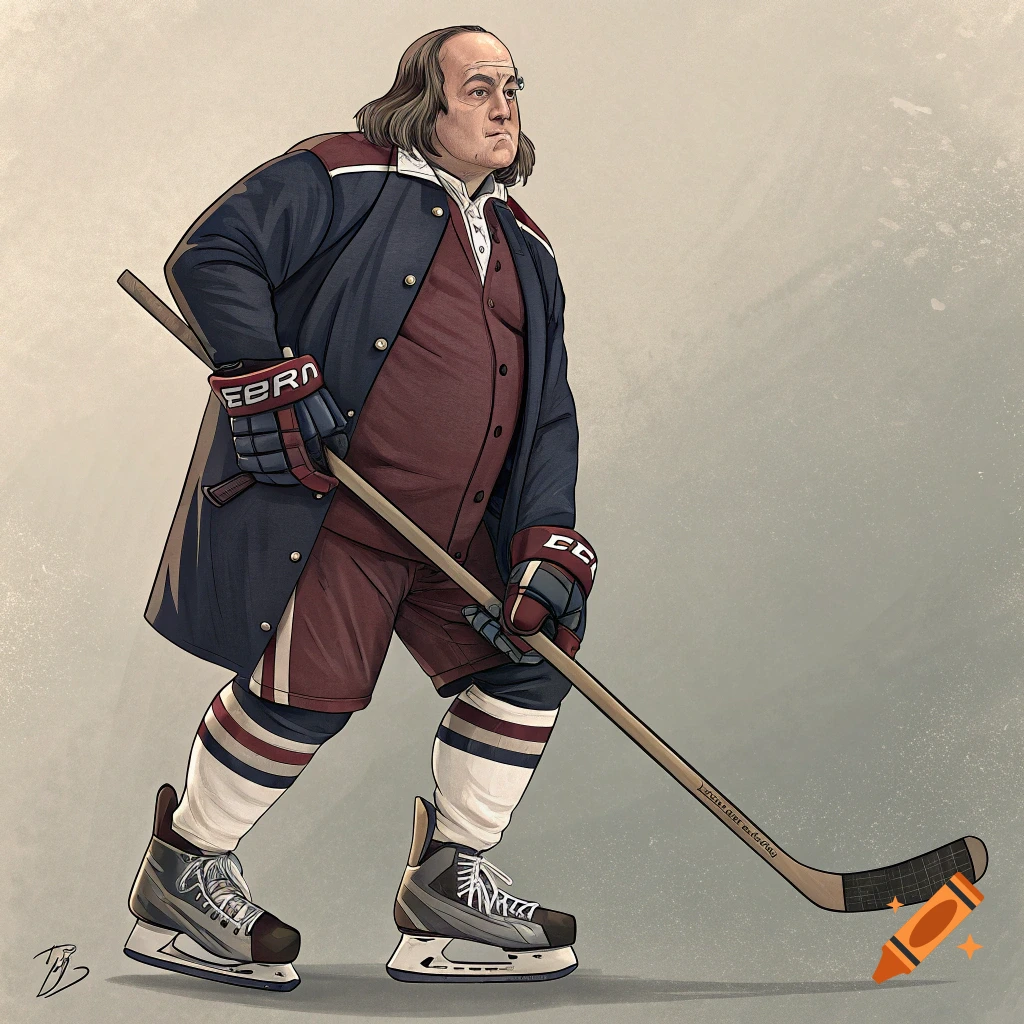 Illustration of Ben Franklin playing hockey in a coat, breeches, skates, and holding a stick.