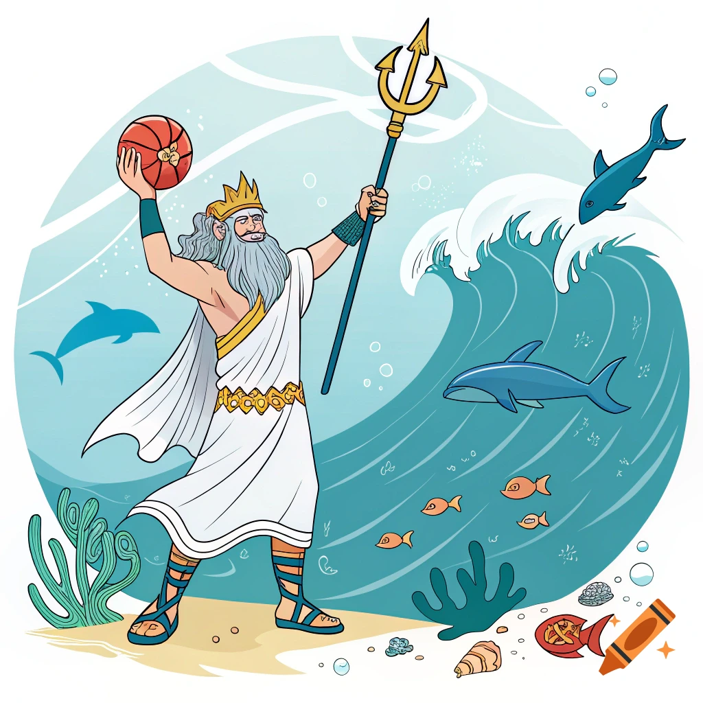 Cartoon illustration of Poseidon holding a trident and basketball on a beach with dolphins, fish, and a wave.