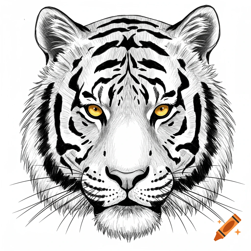 Black and white illustration of a tiger's face with yellow eyes.